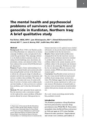 دراسة نوعية عن مشاكل صحة النفسية-الاجتماعية لدى ناجون من التعذيب و ابادة الجماعية